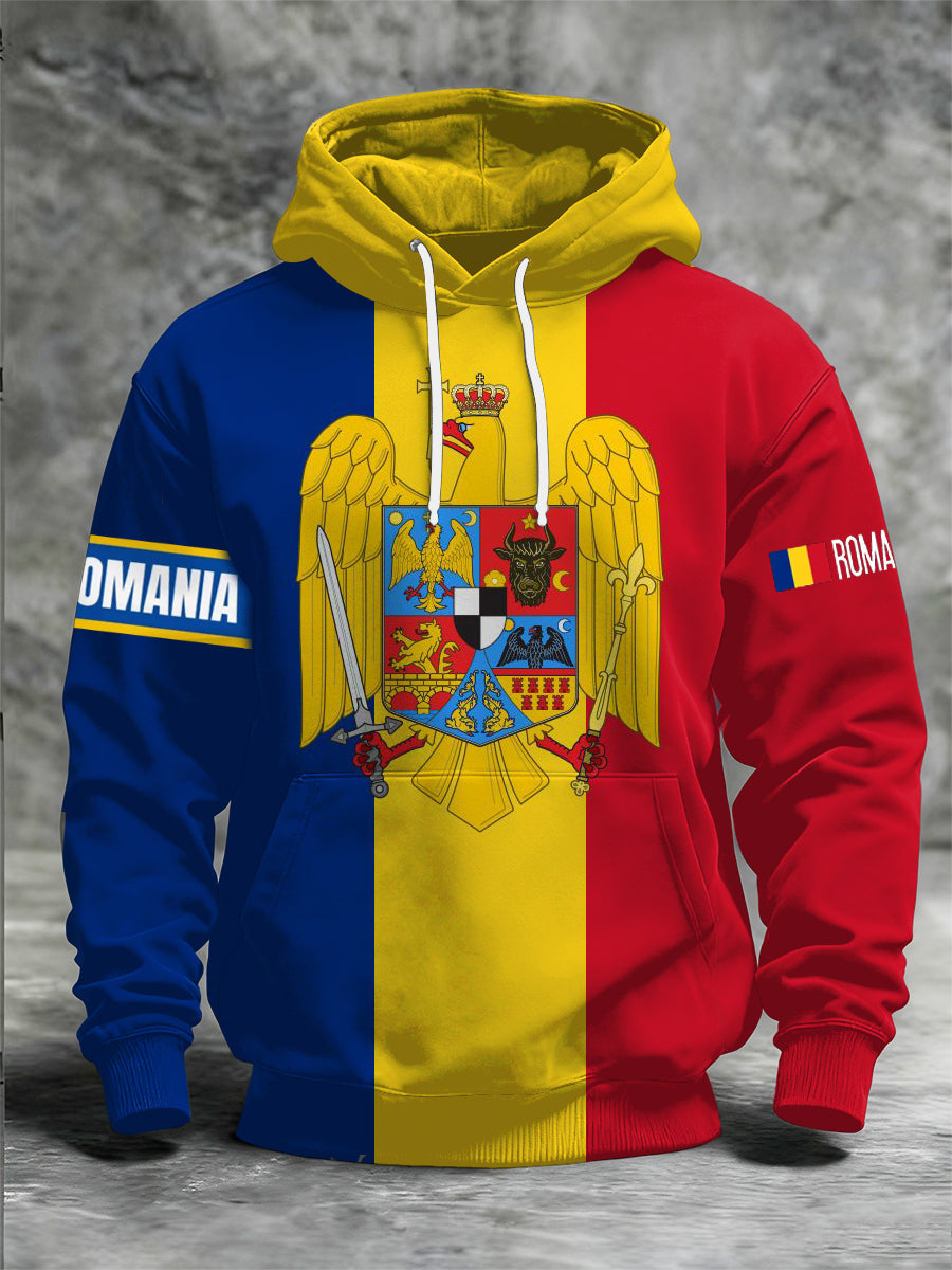 Steagul romanesc pentru bărbaţi imprimat cu mânecă lungă dulce cu glugă