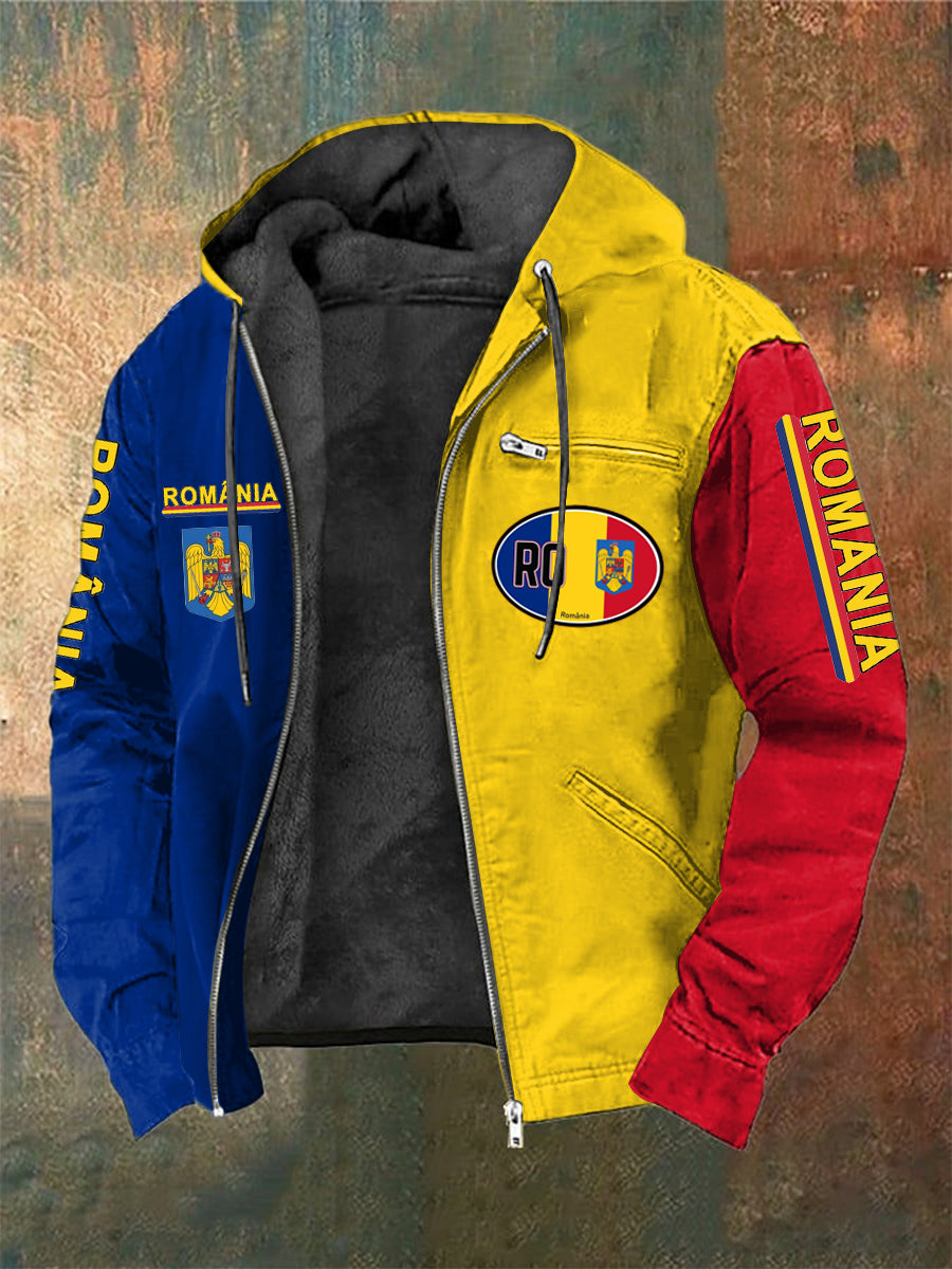 Steagul romanesc pentru bărbaţi imprimat cu mânecă lungă, manșoară cu glugă