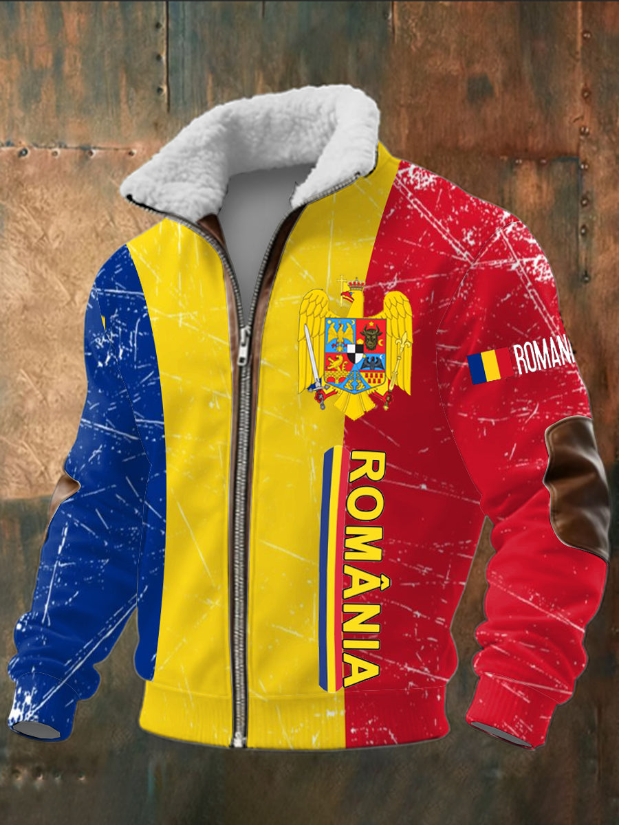 Steagul românesc al bărbaţilor imprimate mâneci lungi Stand în picioare guler de păr de păr fermoar de sus.