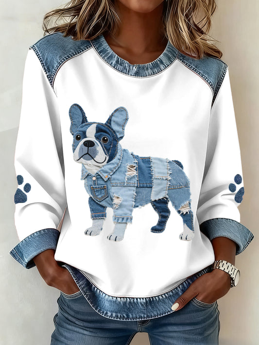 Femeii francez Bulldog model Denim Patchwork Art sweatshirt