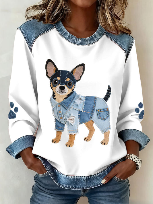 Femeii frumoase model Chihuahua caine Denim Patchwork Artă sweatshirt