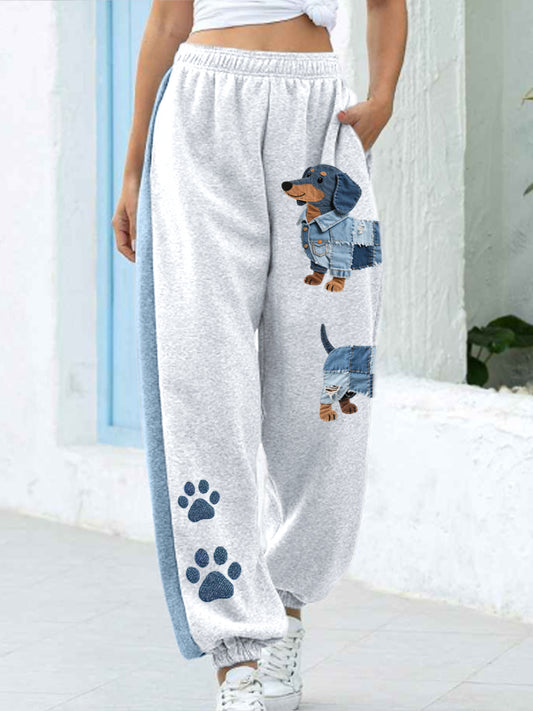 Femeii Denim Patchwork Artă Dachhund Pantalon