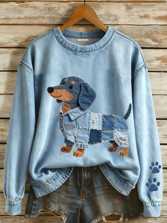 Femeii Denim Patchwork Artă Dachhund Dog model sweatshirt