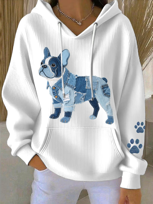 Femeii Denim Patchwork Artă franceză Bulldog model Hoodie buldor