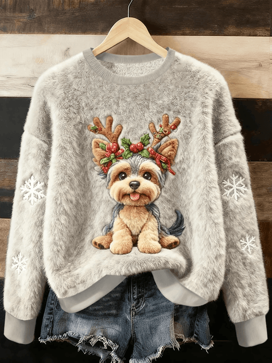 Femeii drăguț Crăciun câine Art imprima Casual Flannel pulover Flannel