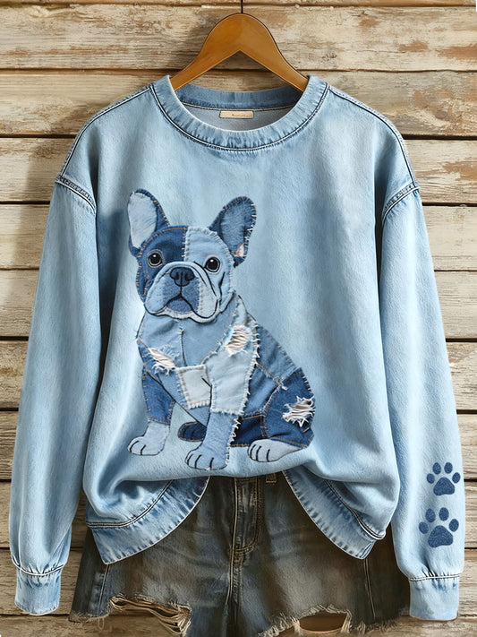 Femeii Denim Patchwork Artă franceză Bulldog sweatshirt