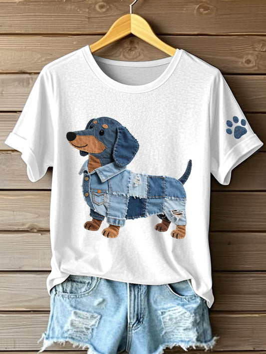 Femeii Denim Patchwork Artă Dachâşoară T-shirt