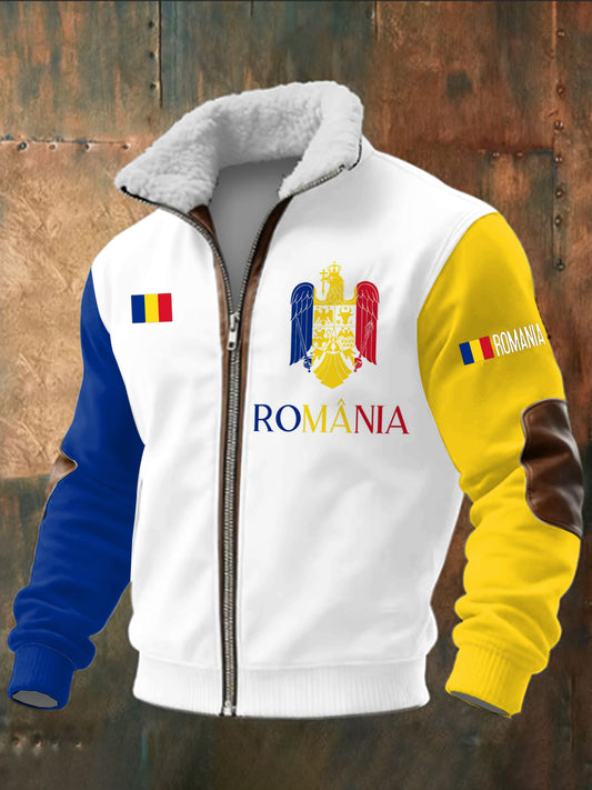 Bărbaţi România imprimate mâneci lungi Stand în picioare guler de păr de mielue fermoar de sus.