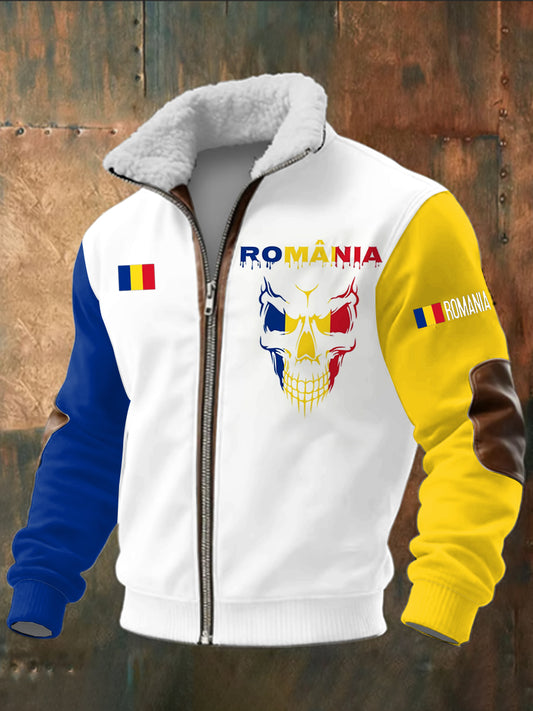 Bărbaţi România imprimate mâneci lungi Stand în picioare guler de păr de mielue fermoar de sus.