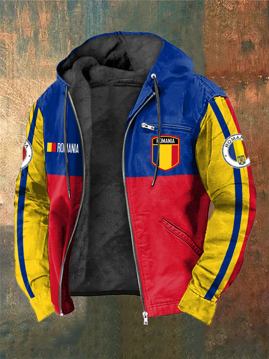 Steagul romanesc pentru bărbaţi imprimat cu mânecă lungă, manșoară cu glugă