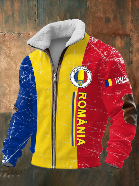 Steagul românesc al bărbaţilor imprimate mâneci lungi Stand în picioare guler de păr de păr fermoar de sus.