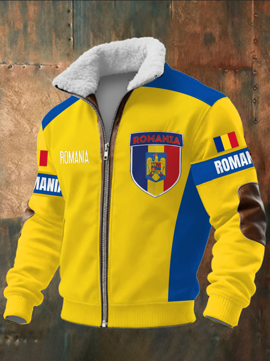 Steagul românesc al bărbaţilor imprimate mâneci lungi Stand în picioare guler de păr de păr fermoar de sus.