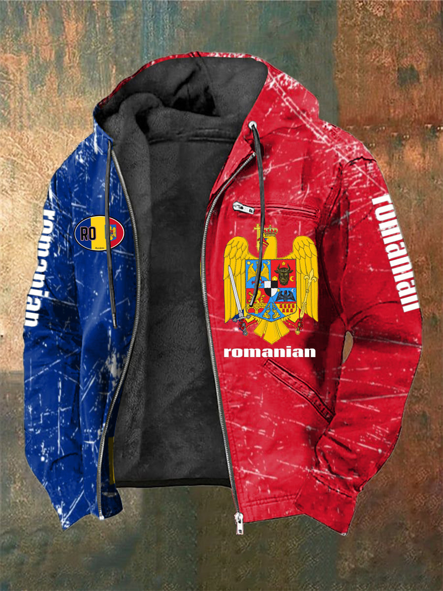 Steagul romanesc pentru bărbaţi imprimat cu mânecă lungă, manșoară cu glugă