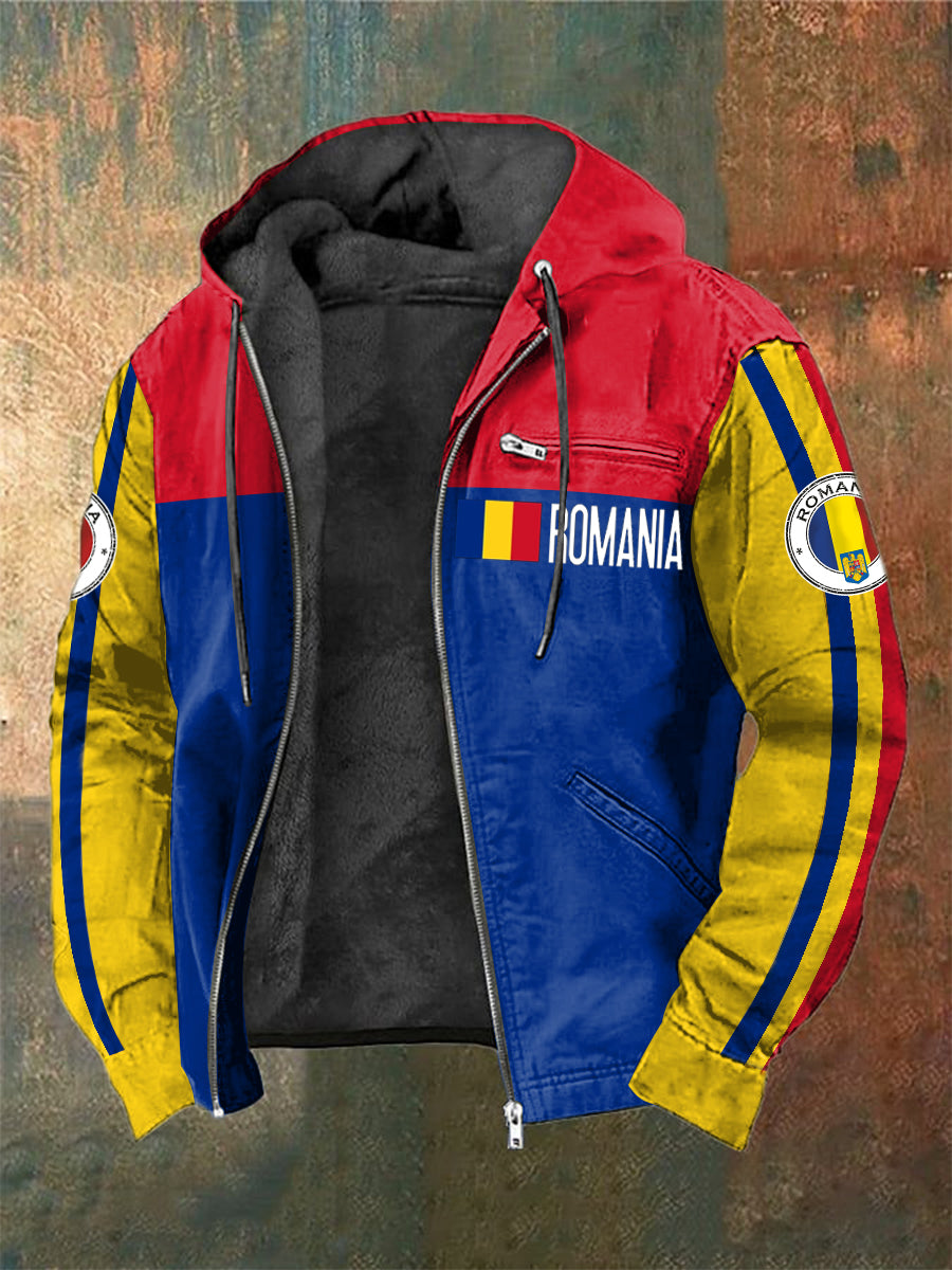 Steagul romanesc pentru bărbaţi imprimat cu mânecă lungă, manșoară cu glugă