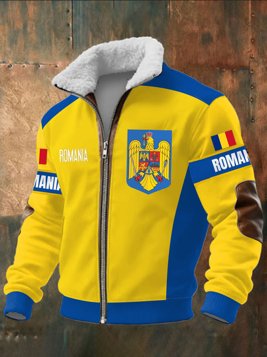 Steagul românesc al bărbaţilor imprimate mâneci lungi Stand în picioare guler de păr de păr fermoar de sus.